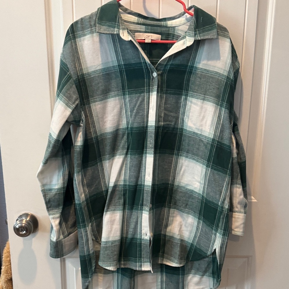 LOFT Kids Green and White Plaid Button Down Shirt